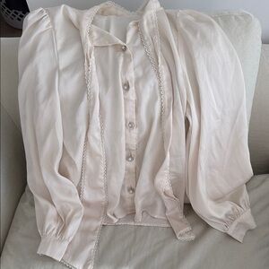 Cream Lace-Trim Button-Down Blouse – Feminine Long Sleeve Top